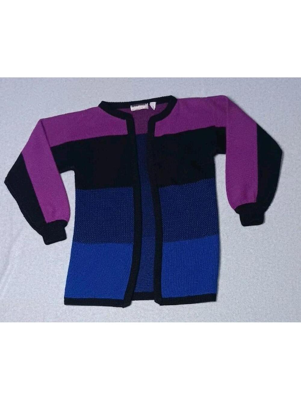 Vintage Bramble Lane Open Face Cardigan Womens Size Small Black Purple Blue...